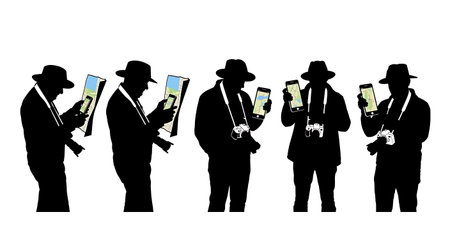 Black Solid Lost Photographer Silhouettes Set of Six on White Background isolated on plain white...