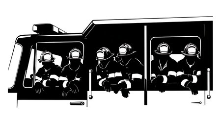 Black Solid Firefighter Truck Window Silhouettes Set of Six isolated on plain white background.