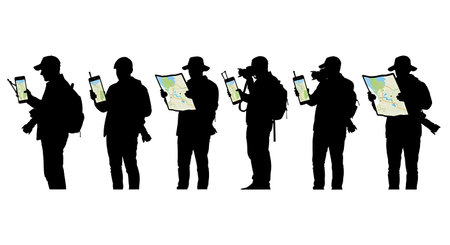 Black Solid Lost Photographer Silhouettes Set of Six on White Background isolated on plain white...