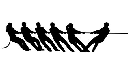 Black Solid Tug of War Meeting Silhouettes Set of Six on White Background isolated on plain white...
