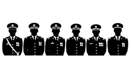 Black Solid Police Dress Uniform Silhouettes Set of Six on White Background isolated on plain white...