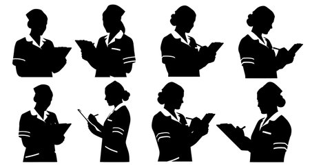 Black Solid Nurse with Clipboard Silhouettes Set of Six isolated on plain white background.のイラスト素材