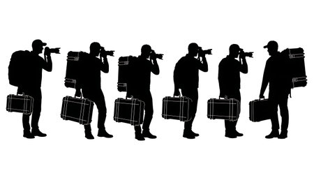 Black Solid Photographer with Hard Case Silhouettes Set of Six on White Background isolated on plain white background.のイラスト素材