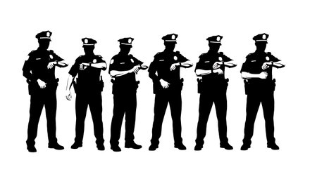 Black Solid Police Checking Watch Silhouettes Set of Six on White Background isolated on plain white...