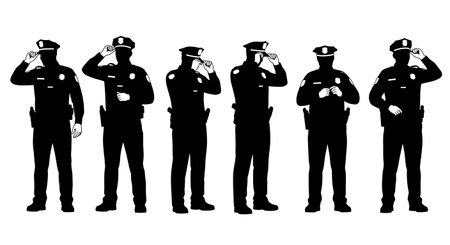 Black Solid Police Adjusting Hat Silhouettes Set of Six on White Background isolated on plain white...