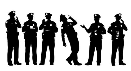 Black Solid Police Coffee Break Silhouettes Set of Six on White Background isolated on plain white...