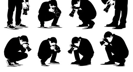 Black Solid Downward Aiming Photographer Silhouettes Set of Six on White Background isolated on plain white background.のイラスト素材