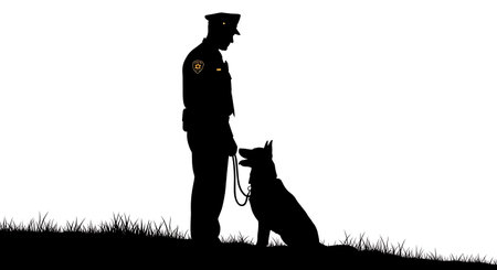 Black Solid Police K9 Unit Officer Dog Silhouettes Set of Six on White Background isolated on plain...