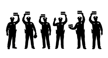 Black Solid Police Holding Badge Silhouettes Set of Six on White Background isolated on plain white...