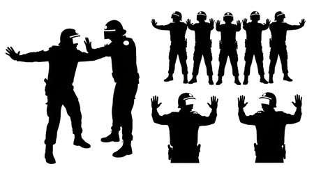 Black Solid Police Restraining Crowd Silhouettes Set of Six on White Background isolated on plain white background.のイラスト素材