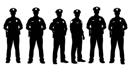 Black Solid Police Officer Standing Patrol Silhouettes Set of Six on White Background isolated on...