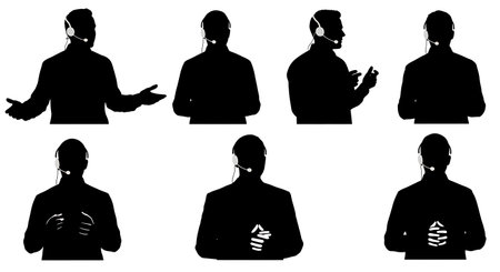 Black Solid Speaker Headset Mic Silhouettes Set of Six on White Background isolated on plain white background.のイラスト素材
