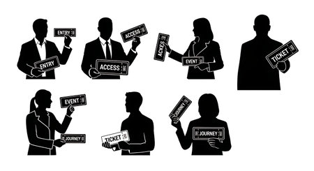 Black Solid Speaker With Ticket Silhouettes Set of Six on White Background isolated on plain white background.のイラスト素材