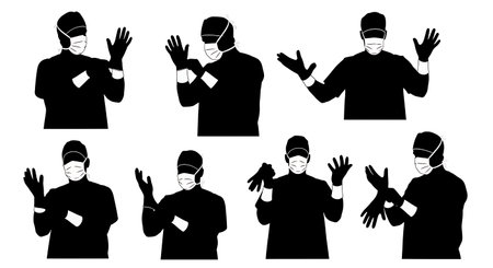 Black Solid Surgeon Removing Gloves Silhouettes Set of Six isolated on plain white background.のイラスト素材