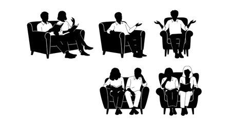 Black Solid Speaker in Armchair Silhouettes Set of Six on White Background isolated on plain white background.のイラスト素材