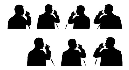Black Solid Speaker Drinking Water Silhouettes Set of Six on White Background isolated on plain...