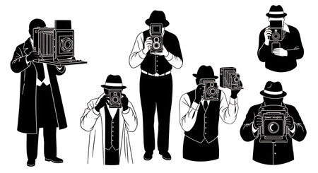 Black Solid Vintage Photographer Silhouettes Set of Six on White Background isolated on plain white background.のイラスト素材