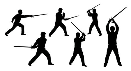 Black Solid Speaker With Sword Silhouettes Set of Six on White Background isolated on plain white...