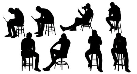 Black Solid Photographer on Stool Silhouettes Set of Six on White Background isolated on plain white background.のイラスト素材