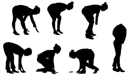 Black Solid Business Woman Bending Down Silhouettes Set of Six on White Background isolated on plain white background.のイラスト素材