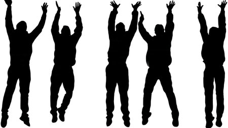 Black Solid Business Man Reaching Up Silhouettes Set of Six on White Background isolated on plain white background.のイラスト素材