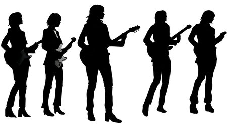 Black Solid Business Woman Playing Guitar Silhouettes Set of Six on White Background isolated on plain white background.のイラスト素材