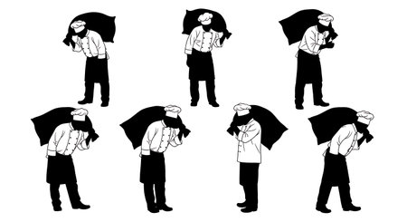 Black Solid Chef Carrying Sack Silhouettes Set of Six isolated on plain white background.のイラスト素材