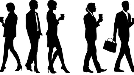 Black Solid Business Woman Walking Coffee Silhouettes Set of Six on White Background isolated on plain white background.のイラスト素材