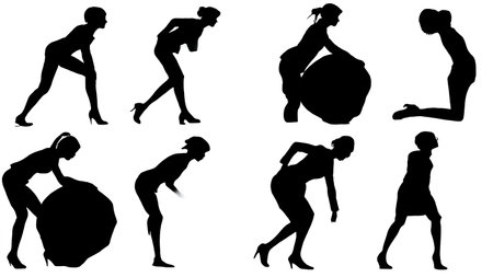 Black Solid Business Woman Pulling Collar Silhouettes Set of Six on White Background isolated on plain white background.のイラスト素材