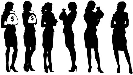 Black Solid Business Woman With Money Bag Silhouettes Set of Six on White Background isolated on plain white background.のイラスト素材