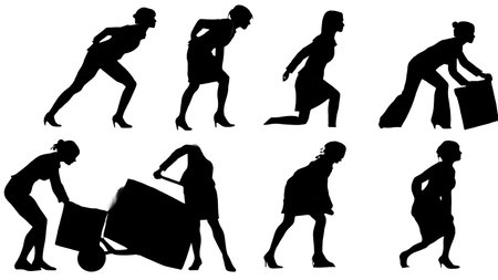 Black Solid Business Woman Pulling Collar Silhouettes Set of Six on White Background isolated on plain white background.のイラスト素材