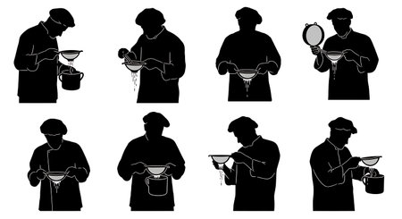Black Solid Chef Straining Liquid Silhouettes Set of Six isolated on plain white background.のイラスト素材