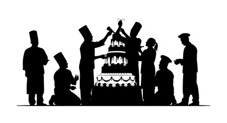 Black Solid Chef Decorating Cake Silhouettes Set of Six isolated on plain white background.
