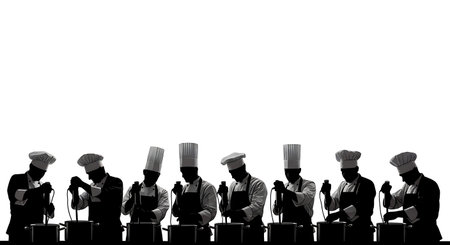 Black Solid Chef Using Stick Blender Silhouettes Set of Six isolated on plain white background.