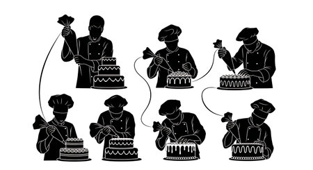 Black Solid Chef Piping Icing Silhouettes Set of Six isolated on plain white background.