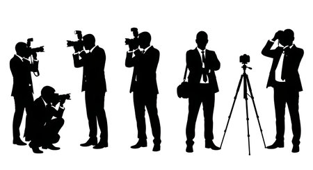 Black Solid Formal Wear Photographer Silhouettes Set of Six on White Background isolated on plain...