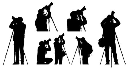 Black Solid High Angle Photographer Silhouettes Set of Six on White Background isolated on plain white background.のイラスト素材