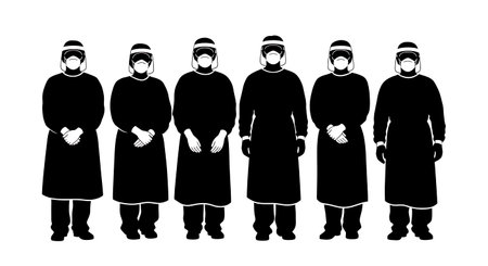 Black Solid Medical PPE Suit Silhouettes Set of Six isolated on plain white background.のイラスト素材