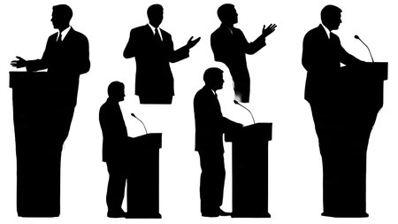 Black Solid Podium Speech Silhouettes Set of Six on White Background isolated on plain white background.のイラスト素材