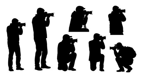 Black Solid Standing Photographer Silhouettes Set of Six on White Background isolated on plain white...
