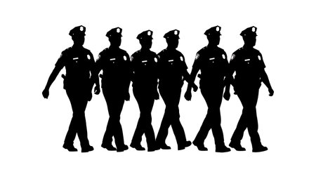 Black Solid Police Marching Formation Silhouettes Set of Six on White Background isolated on plain...