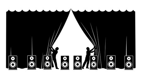 Black Solid Speaker Pulling Curtain Silhouettes Set of Six on White Background isolated on plain white background.のイラスト素材
