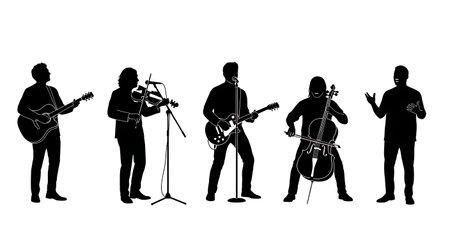 Black Solid Speaker With Instrument Silhouettes Set of Six on White Background isolated on plain...