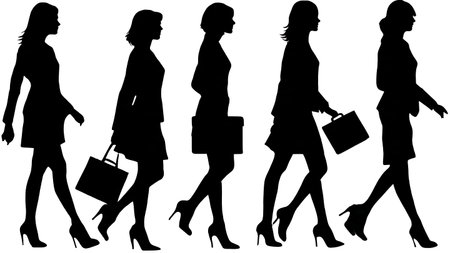 Black Solid Walking Business Woman Silhouettes Set of Six on White Background isolated on plain white background.のイラスト素材