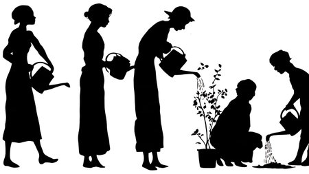 Black Solid Business Woman Watering Plant Silhouettes Set of Six on White Background isolated on plain white background.のイラスト素材