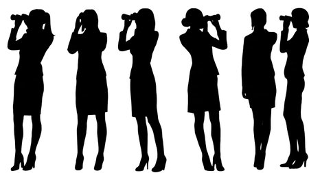 Black Solid Business Woman With Binoculars Silhouettes Set of Six on White Background isolated on plain white background.のイラスト素材