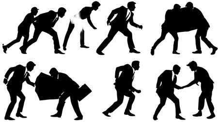 Black Solid Business Man Pushing Silhouettes Set of Six on White Background isolated on plain white background.のイラスト素材