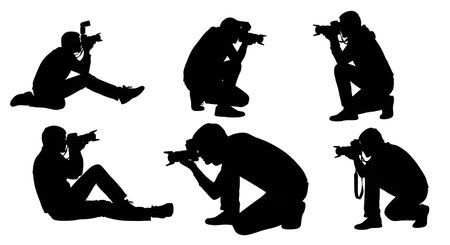 Black Solid Fashion Photographer Silhouettes Set of Six on White Background isolated on plain white...