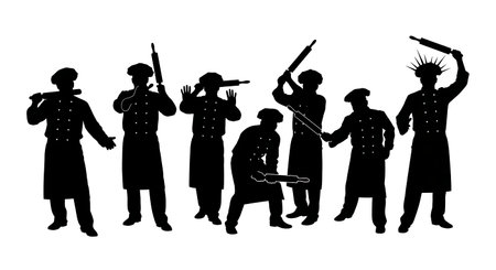 Black Solid Chef Playful Pose Silhouettes Set of Six isolated on plain white background.のイラスト素材