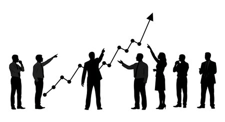Black Solid Financial Meeting Silhouettes Set of Six on White Background isolated on plain white background.のイラスト素材